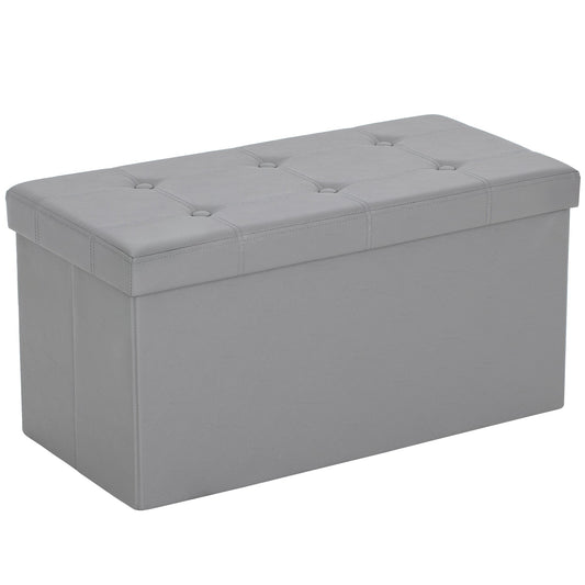 HOMCOM Storage Ottoman Bench, 89L PU Leather Folding Foot Rest Stool, End of Bed Bench, Easy Assembly, for Living Room, Bedroom, Entryway, Grey