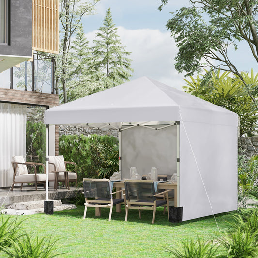 Outsunny 3 x 3 (M) Pop Up Gazebo, UPF 30+ with 2 Sidewalls, Leg Weight Bags and Wheeled Bag, Height Adjustable Party Tent Event Shelter for Garden, Patio, White