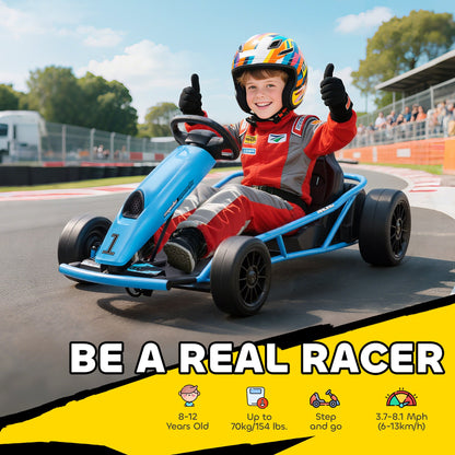 HOMCOM 24V Drift Kart, Electric Ride-On Racing Go Kart w/ 2 Speeds, Steering Wheel, Pedals for Kids Aged 8-12, Blue