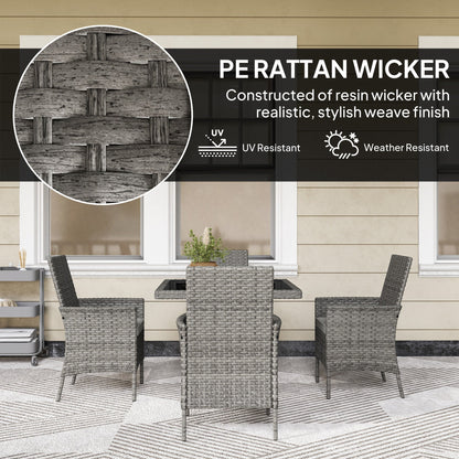 Outsunny Rattan Garden Furniture Set, Outdoor Dining Table and Chairs 4 Seater with Cushions, Square Tempered Glass Top, 4 Armchairs, for Balcony, Terrace, Conservatory, Grey