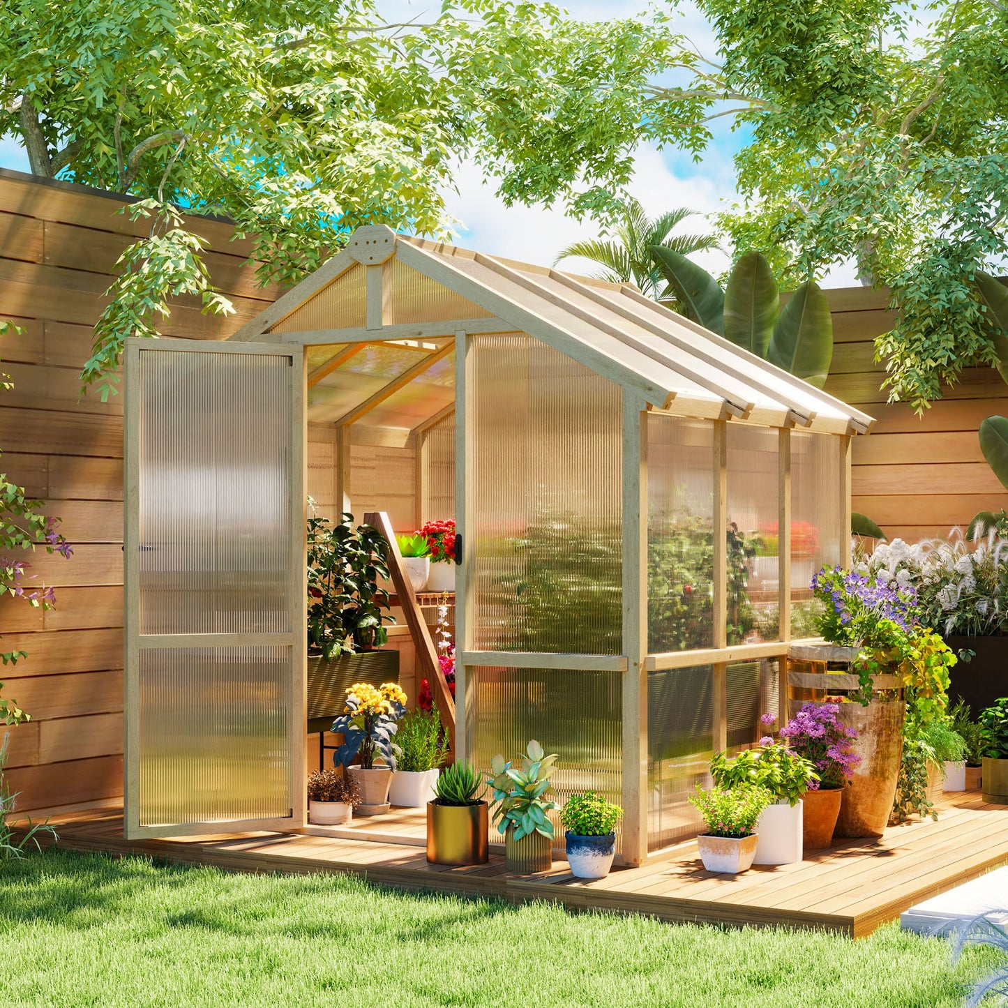 Outsunny 6.6 x 6ft Polycarbonate Greenhouse, Walk-in Wooden Greenhouse with Lockable Door and Window, Garden Plants Grow House, Brown