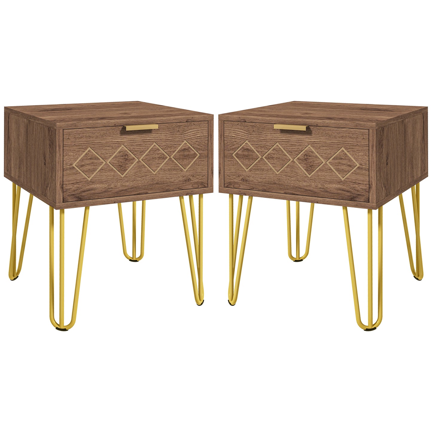 HOMCOM Bedside Table Set of 2 with Drawer, Wooden Nightstand, Modern Sofa Side Table with Gold Tone Metal Legs for Bedroom