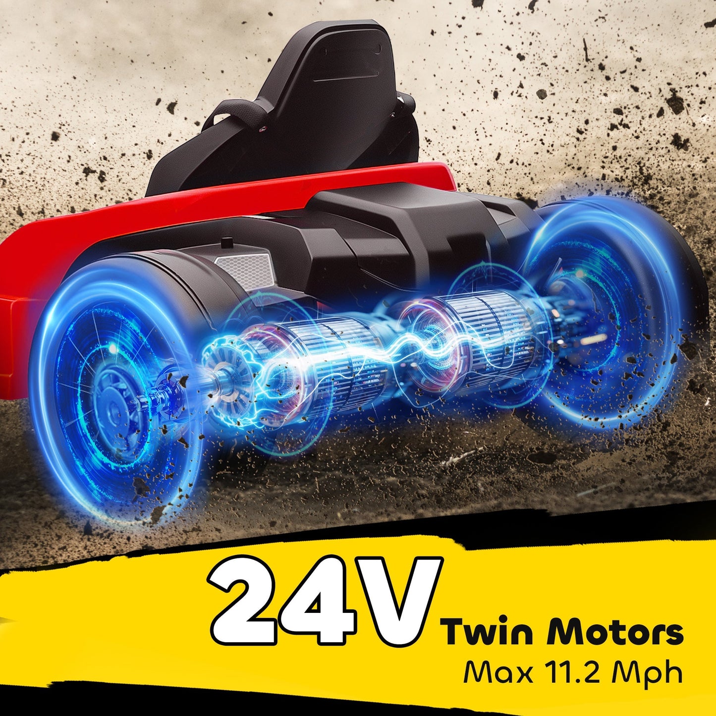 AIYAPLAY 24V Electric Go Kart, Drift Kart with Adjustable Seat, Slow Start, 5-Point Harness, Music, Horn, for 6-12 Years, Red