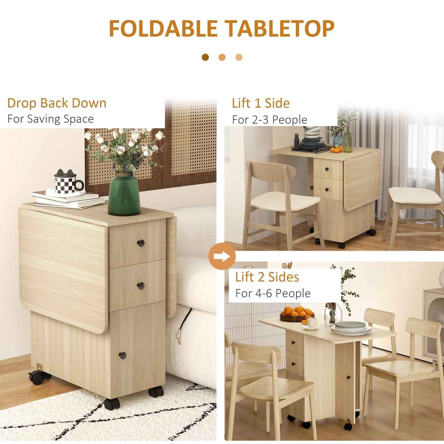 HOMCOM Six-Person Drop Leaf Dining Table, with Storage - Wood-Effect