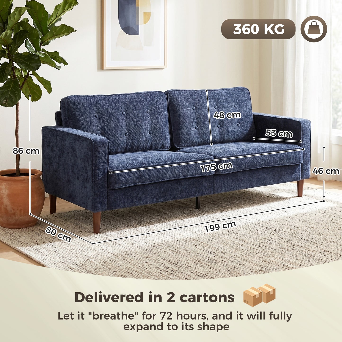 HOMCOM 3 Seater Sofa Button Tufted Upholstered Velvet Couch with Wood Legs for Living Room, Dark Blue