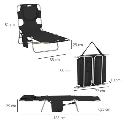 Outsunny Foldable Sun Lounger, Beach Chaise Lounge with Reading Hole, Arm Slots, 5-Position Adjustable Backrest, Side Pocket, Pillow for Garden, Beach, Pool, Black