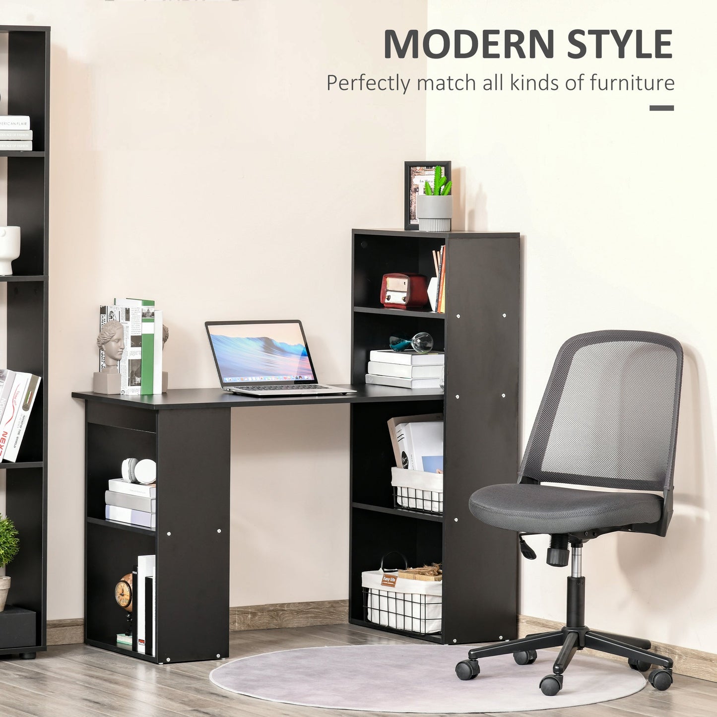 HOMCOM 120cm Computer Desk, Wooden PC Laptop Table with 6-Tier Storage Bookshelves, Home Office Working Study Desk, Writing Workstation, Black
