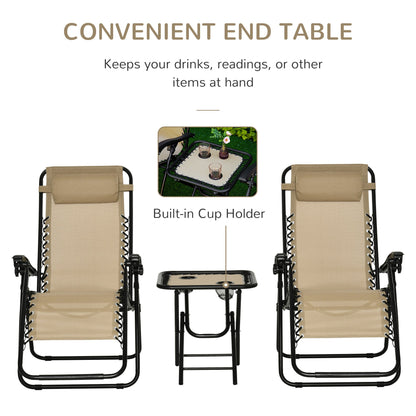 Outsunny Folding Zero Gravity Chairs, 3 Pieces Adjustable Sun Lounger and Table Set with Cup Holder and Headrest, Patio Bistro Set with Reclining Garden Chairs for Outdoor, Beige