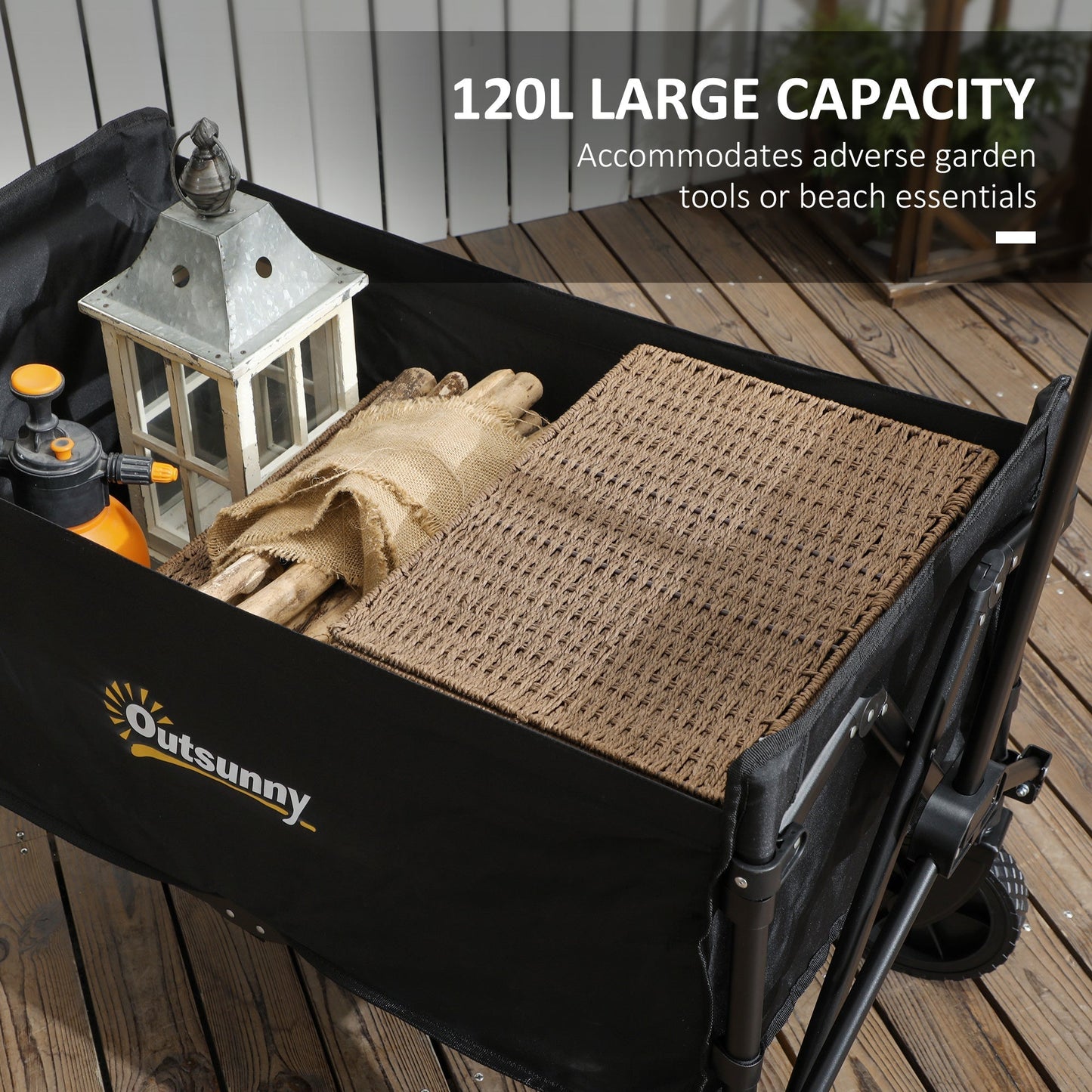 Outsunny 120L Festival Trolley on Wheels, Folding & Compact Camping Trolley Cart with Adjustable Handle for Garden, Beach, Fishing, Black