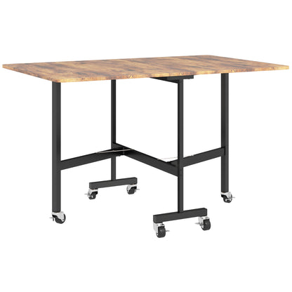 HOMCOM Six-Seater Drop-Leaf Dining Table, with Wheels - Brown Wood-Effect