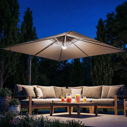 Outsunny 3 x 3 m Garden Cantilever Parasol with Light, Umbrella with Wind Protection, 360Â° Rotation, Khaki