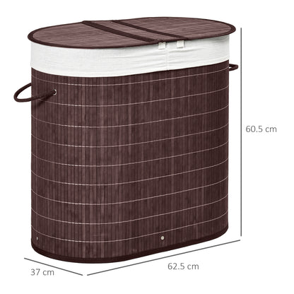 HOMCOM 100L Bamboo Laundry Basket with Lid, Washing Basket with 2 Compartments, Handles, Removable Liner, Brown