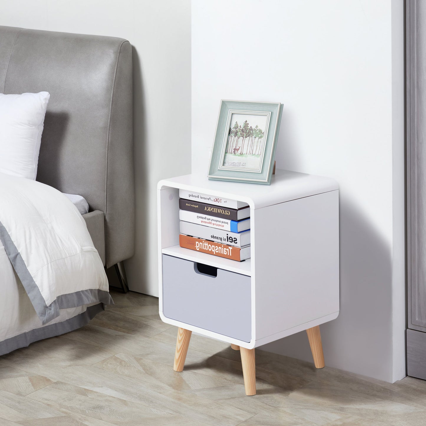 HOMCOM Wooden Bedside Table End Nightstand With Drawer Wood Lamp Desk Storage Unit Bedroom Scandinavian Nordic Style