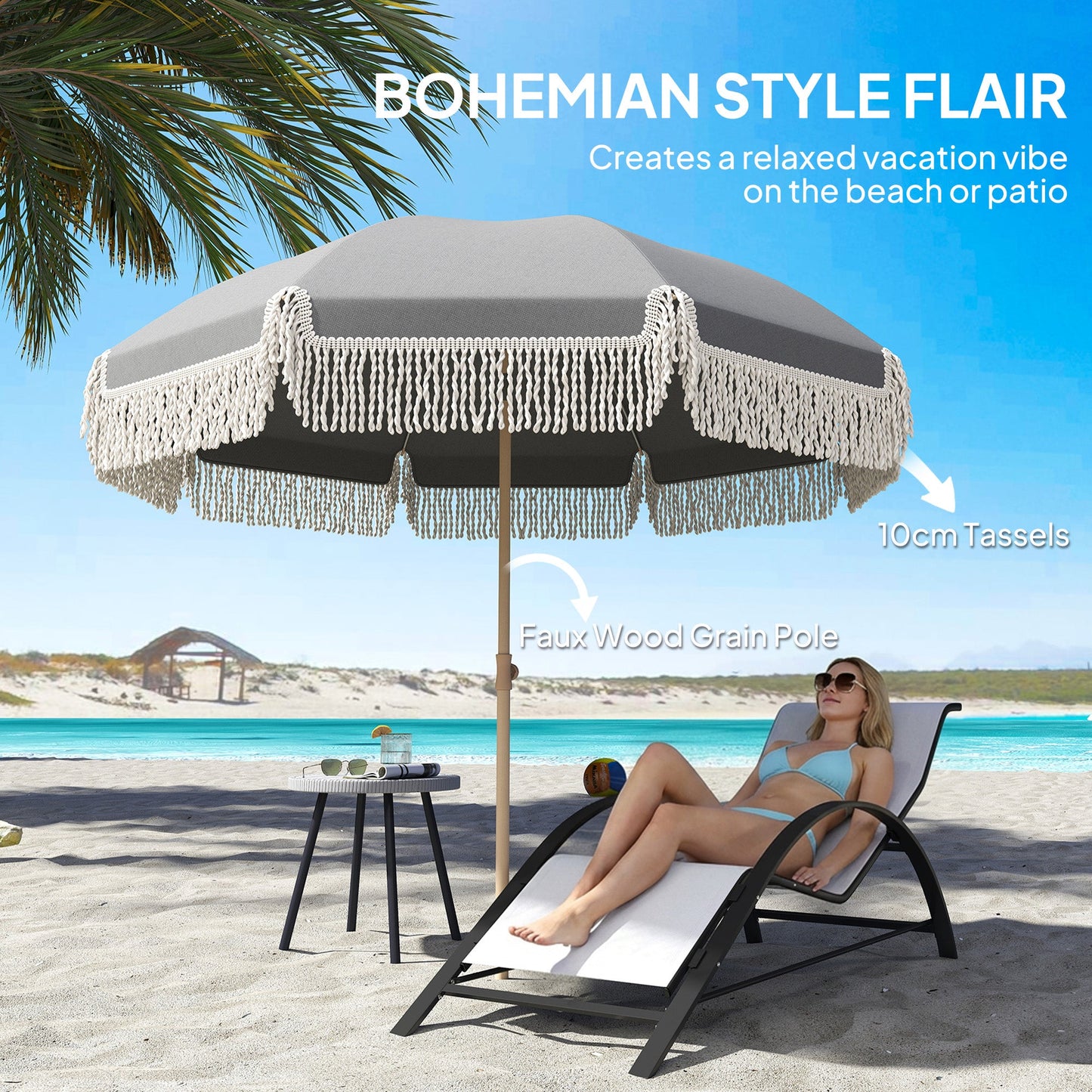Outsunny 1.7 m Beach Umbrella with Sand Anchor, 30Â° Tilting Fringed Beach Garden Parasol with Adjustable Height, Grey