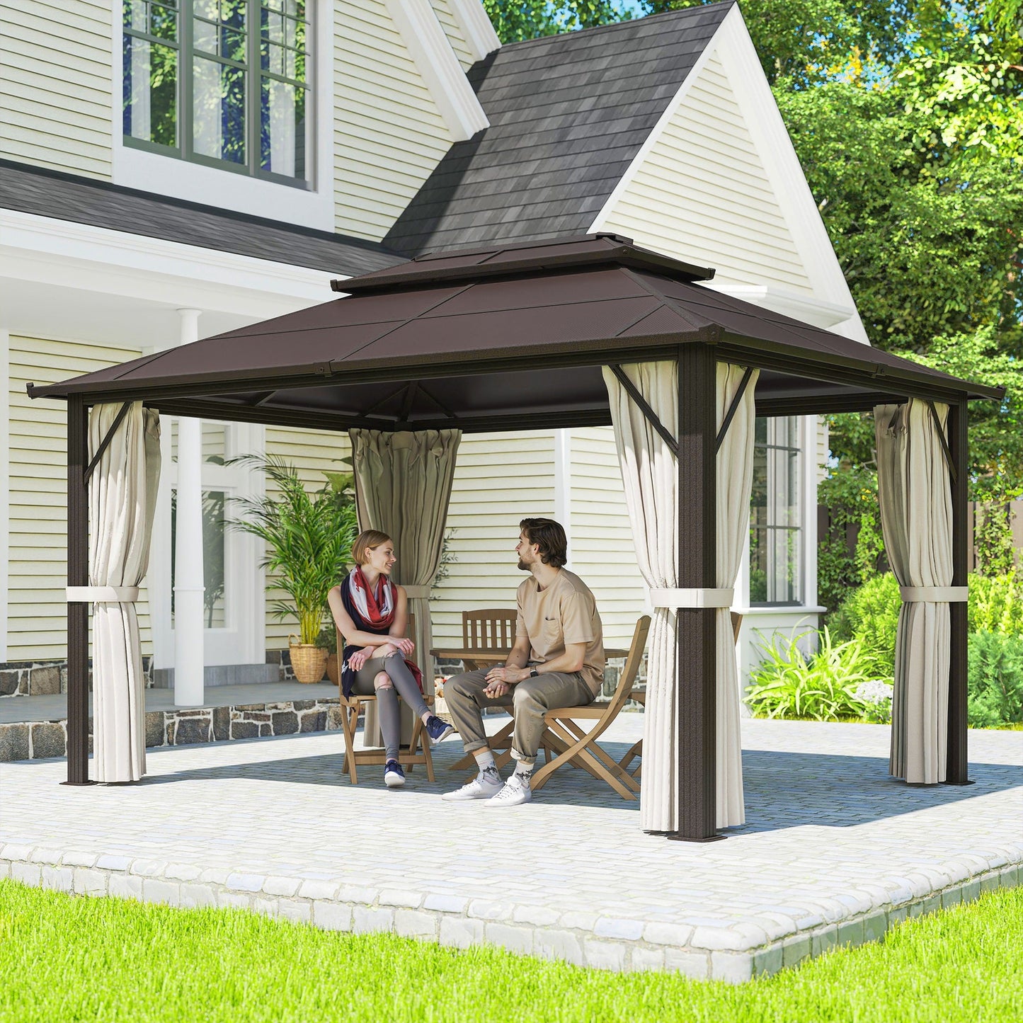 Outsunny 3 x 4m Hardtop Gazebo Canopy with UPF30+ Double Polycarbonate Roof, Aluminium Frame Garden Gazebo Permanent Pavilion with Mosquito Netting and Curtains for Patio, Deck, Beige