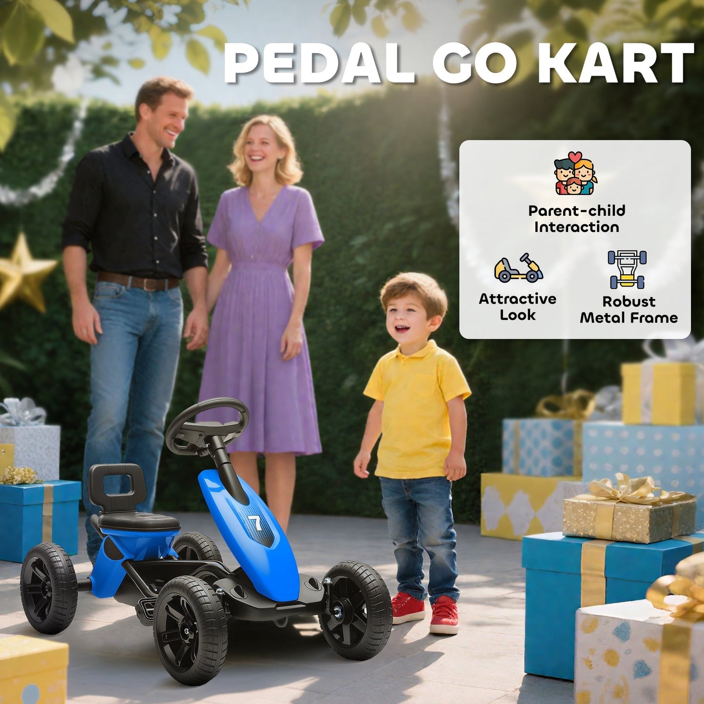 AIYAPLAY Pedal Go Kart for Kids 2-5 Years, with Silent EVA Wheels, Metal Frame, Blue