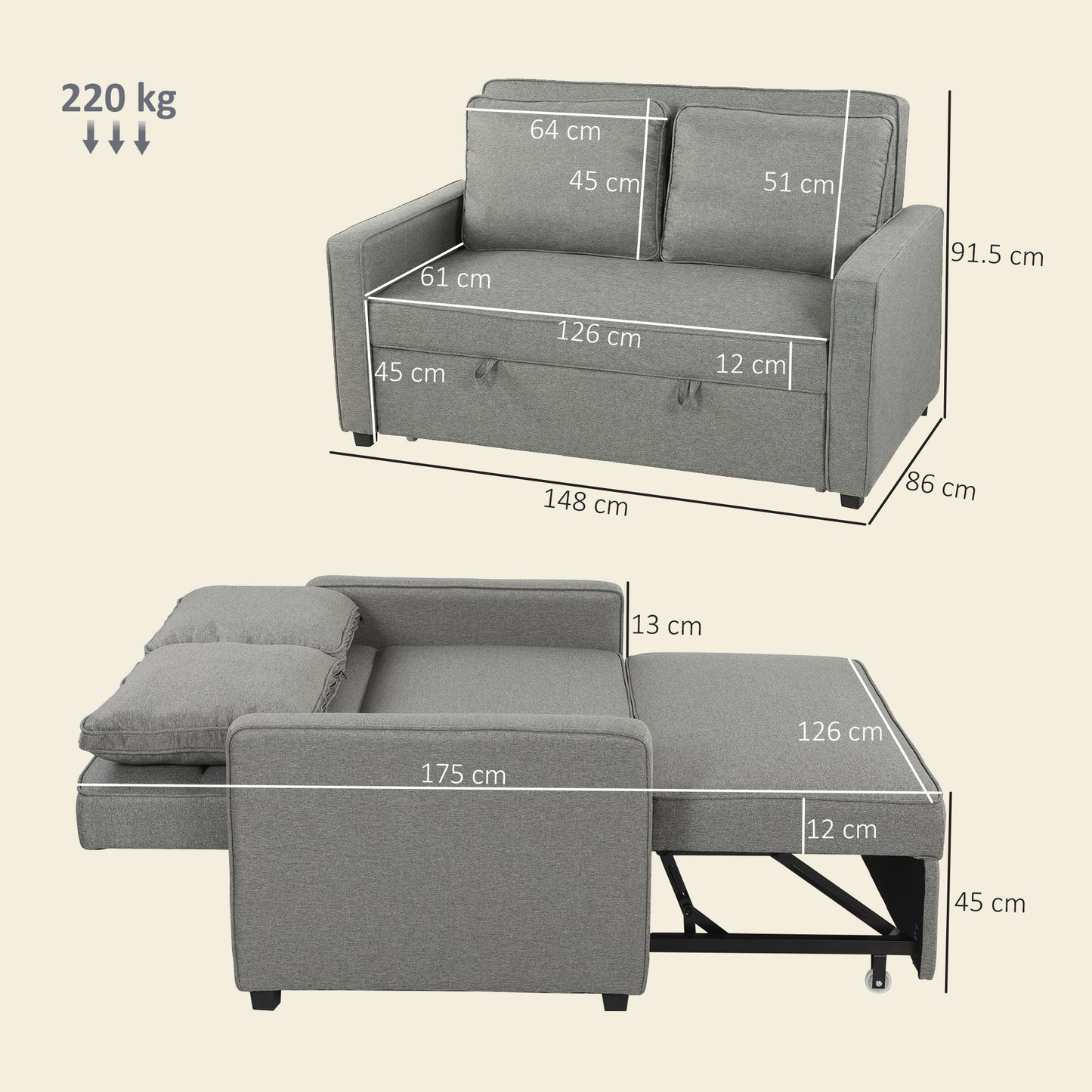 HOMCOM Double Sofa Bed Click Clack Sofa Bed Pull Out Bed with Adjustable Backrest for Living Room and Bedroom Grey