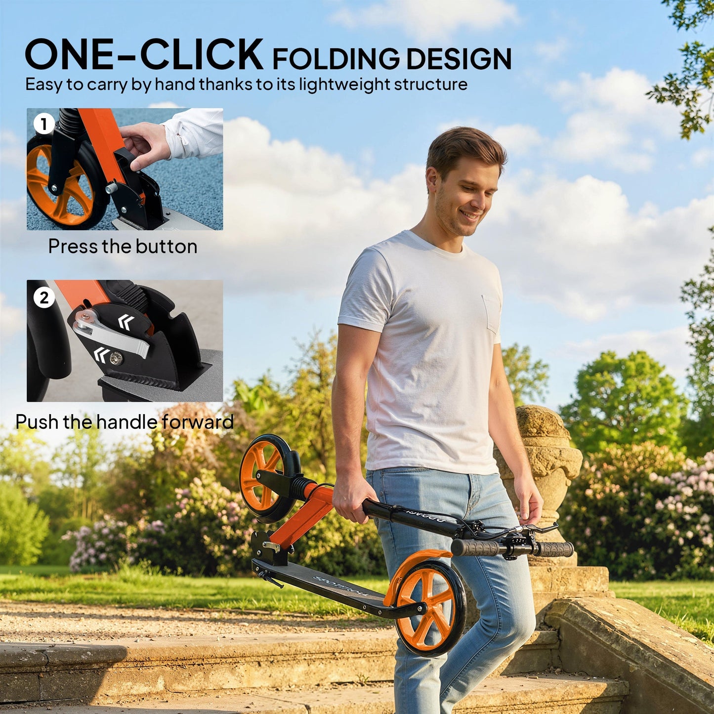 HOMCOM One-click Folding Kick Scooter for 14+ w/ Adjustable Handlebar, Push Scooter with Kickstand, Dual Brake System, Red