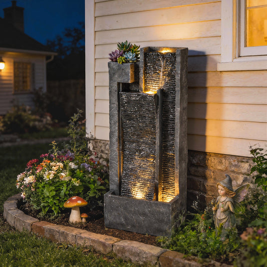 Outsunny Water Feature with LED Lights and Planter, 3-Tier Garden Water Fountain with Pump, Resin Waterfall Feature, Dark Grey
