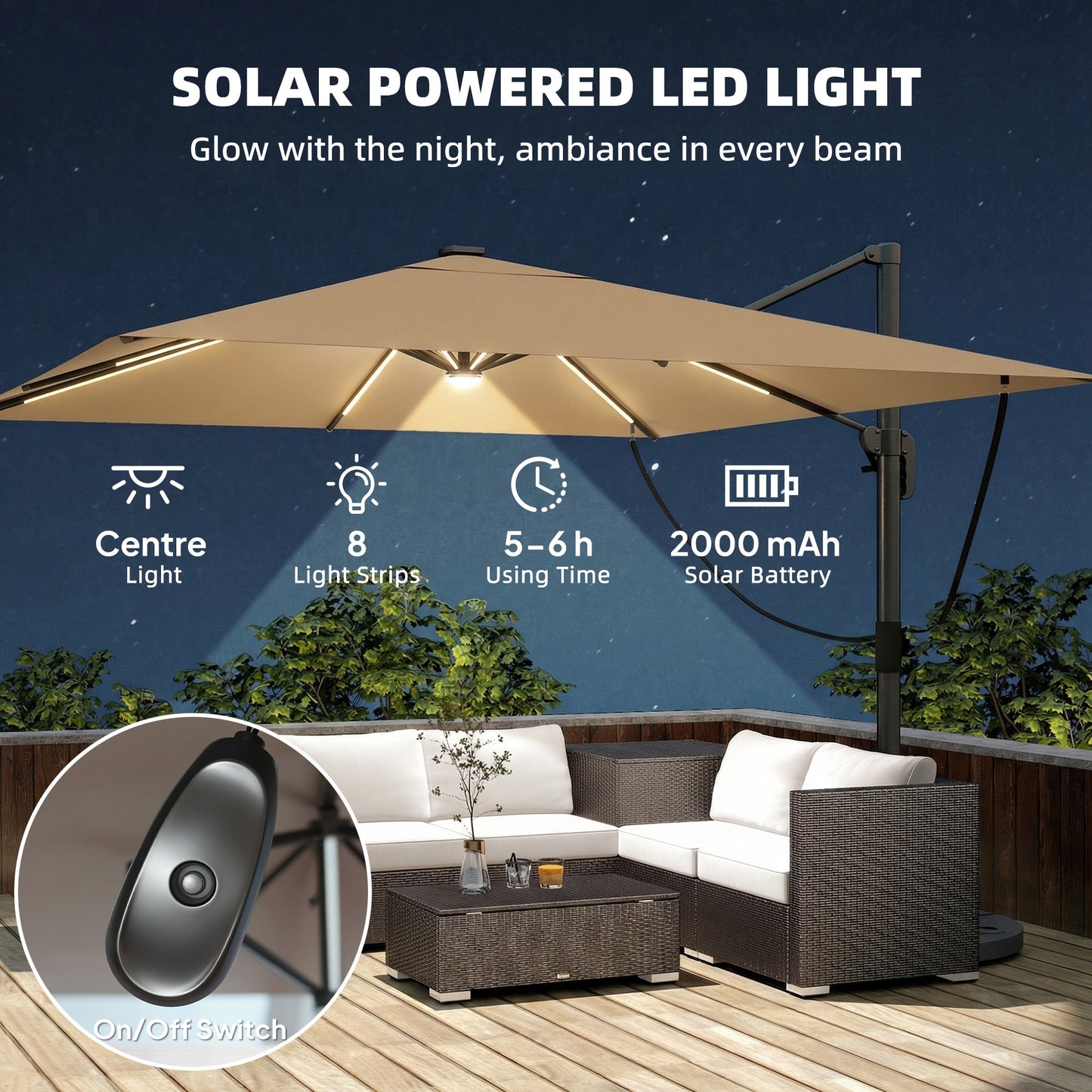 Outsunny 3 x 3 m Garden Cantilever Parasol with Light, Umbrella with Wind Protection, 360Â° Rotation, Khaki