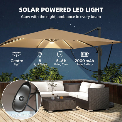 Outsunny 3 x 3 m Garden Cantilever Parasol with Light, Umbrella with Wind Protection, 360 degrees Rotation, Khaki