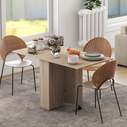 HOMCOM Folding Dining Table, Drop Leaf Table for Small Spaces with 2-tier Shelves, Small Kitchen Table with Rolling Casters, Natural