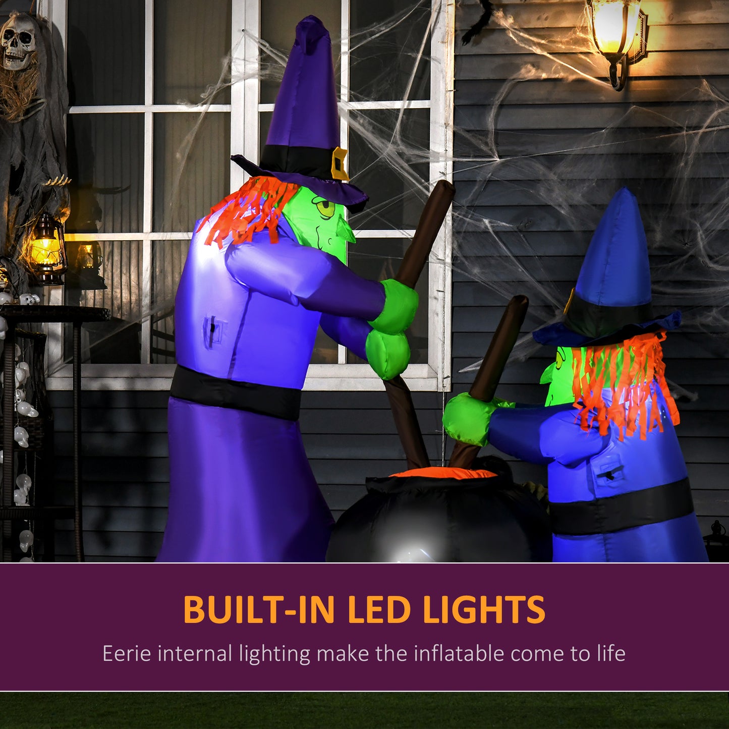 HOMCOM 1.8m Inflatable Halloween Lawn Decoration with LED Witches Around A Black Cauldron Outdoor Air Blown Holiday DÃ©cor