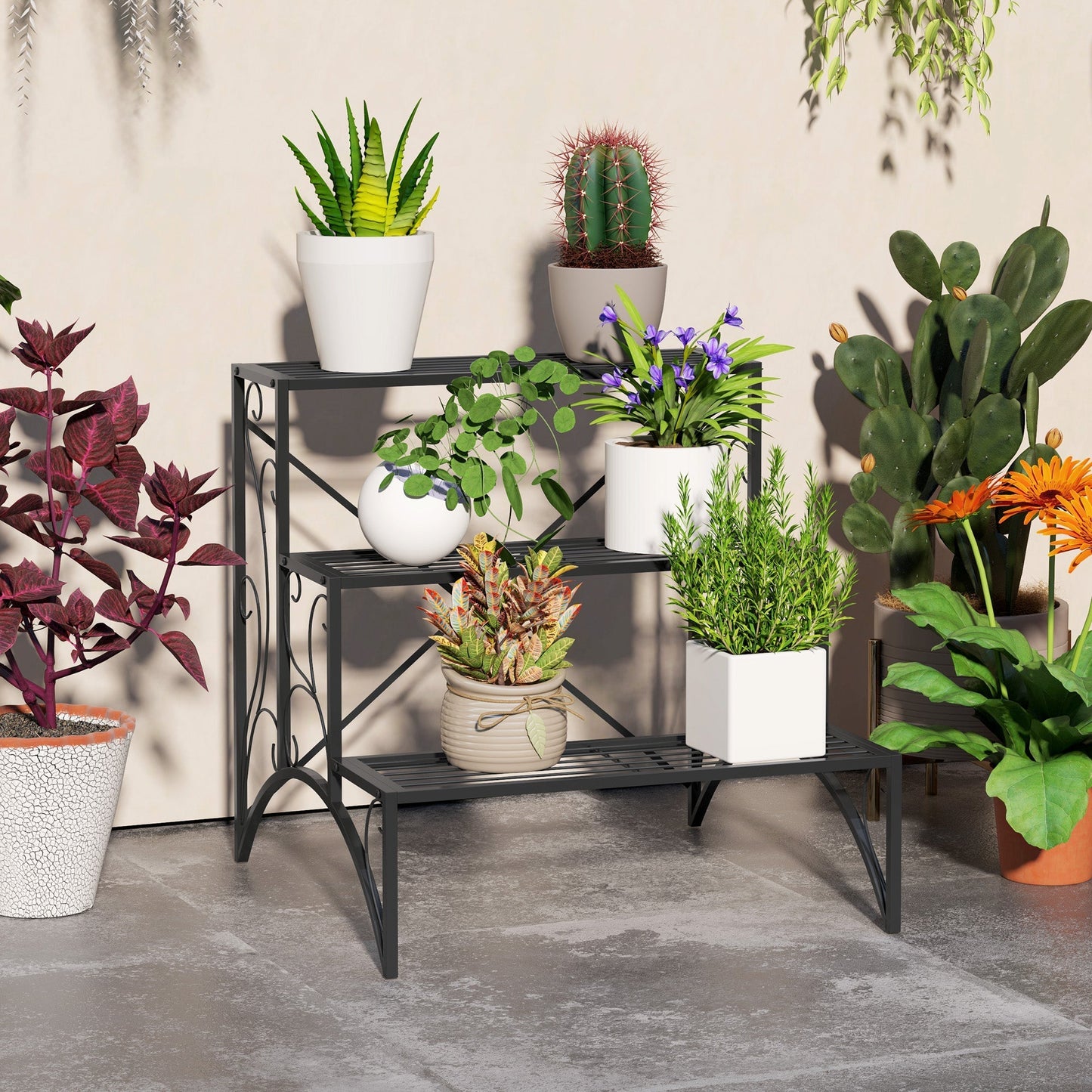 Outsunny Three-Tier Decorative Metal Plant Stand - Black