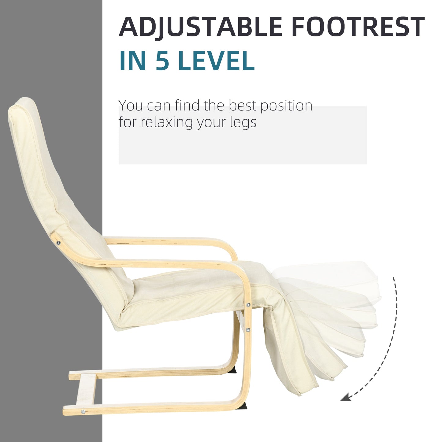 HOMCOM Wooden Armchair, Upholstered Linen Lounge Chair with Adjustable Footrest & Removable Cushion, Poang Chair for Living Room, Cream White