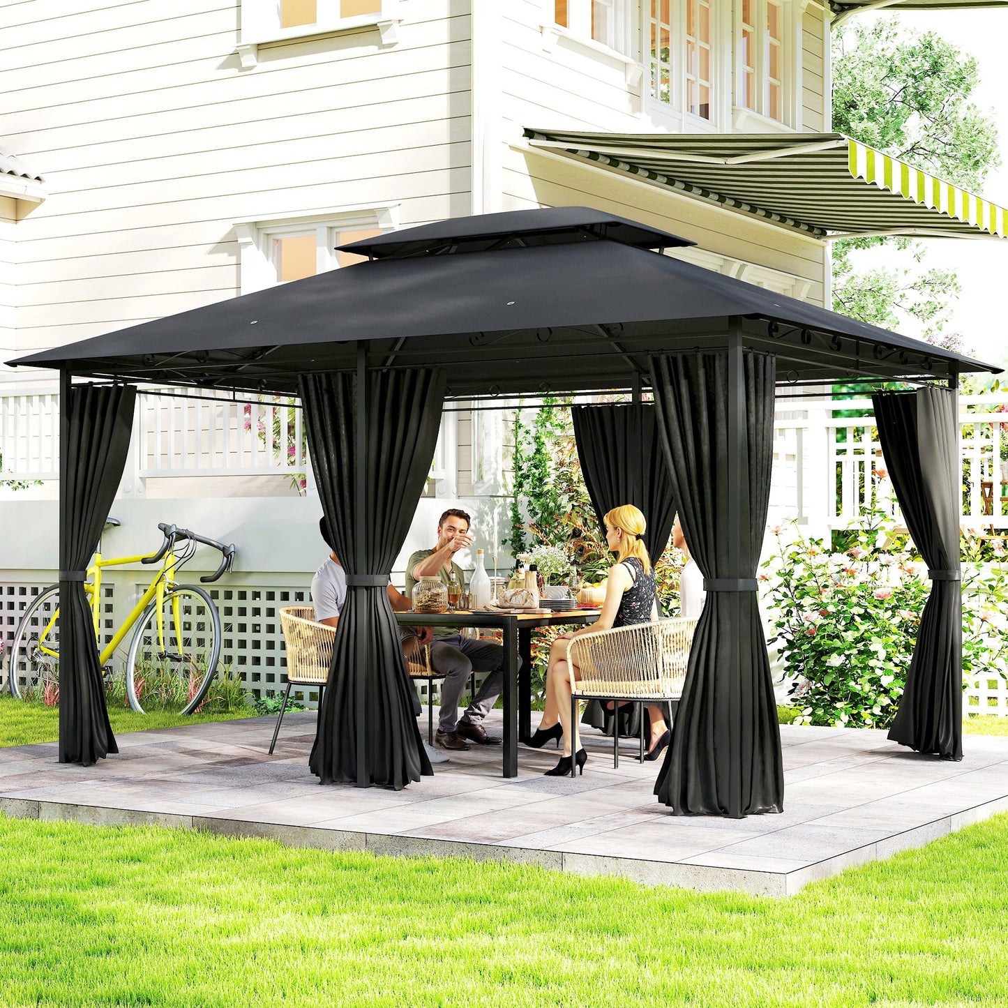Outsunny 3 x 4m Steel Gazebo, with Curtains - Black