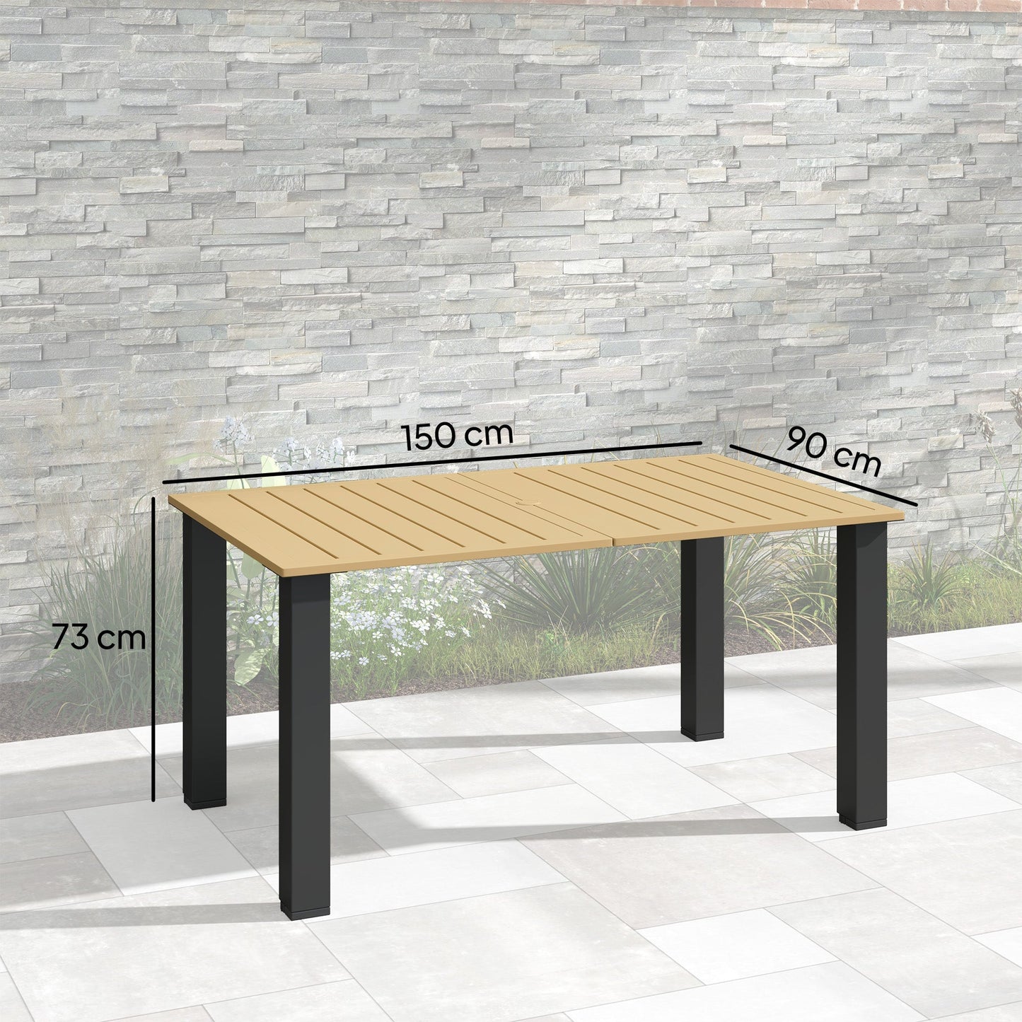 Outsunny Garden Dining Table for 6 with Parasol Hole, Rectangle Outdoor Garden Table with Slatted Metal Top, Steel Frame, Brown