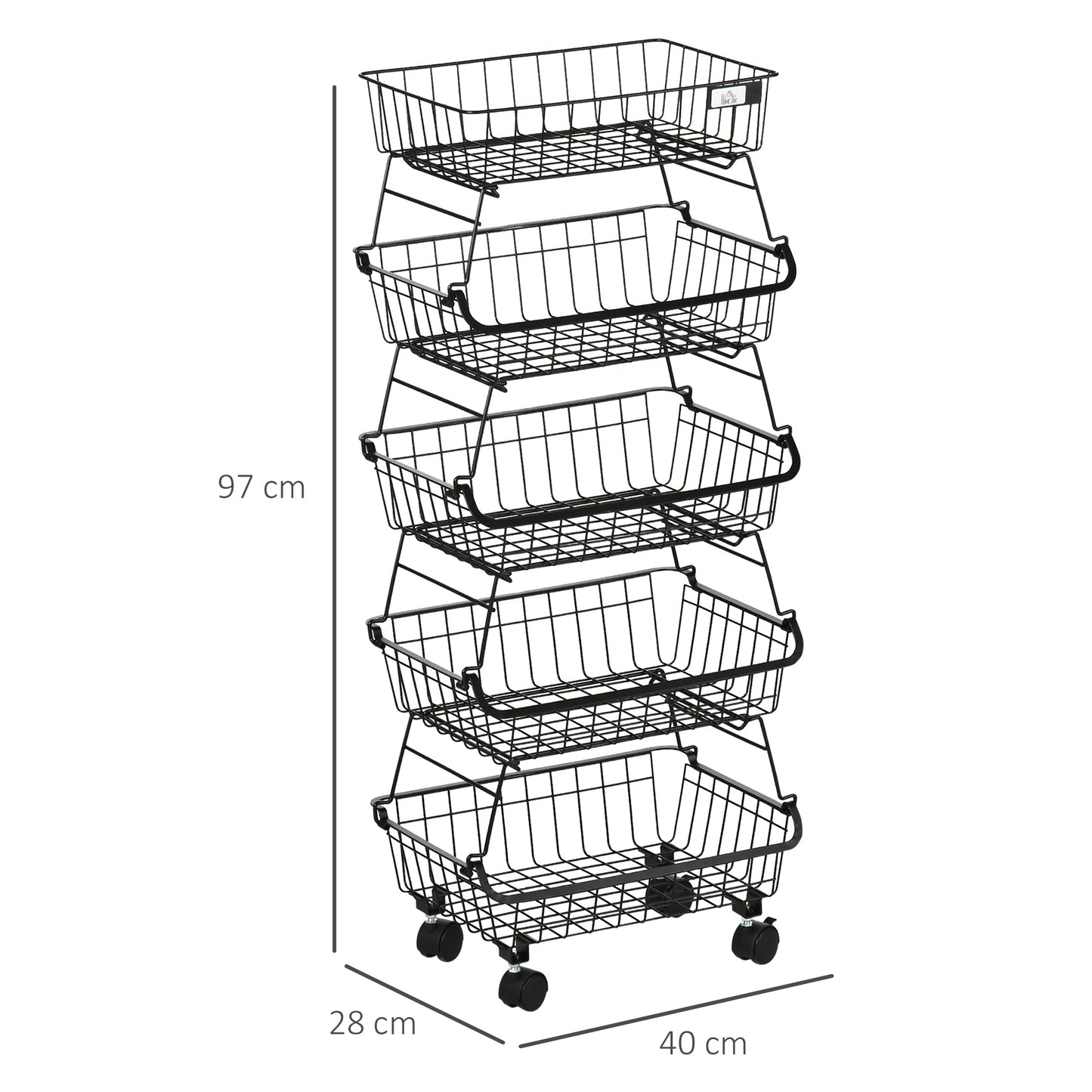 HOMCOM 5 Tier Storage Trolley, Stackable Fruit Vegetable Cart for Kitchen, Living Room, 40 x 2 x 97 cm, Black