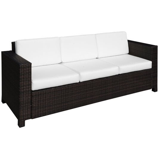 Outsunny 3 Seater Rattan Sofa, All-Weather Wicker Weave Metal Frame Chair with Fire Resistant Cushion, Brown