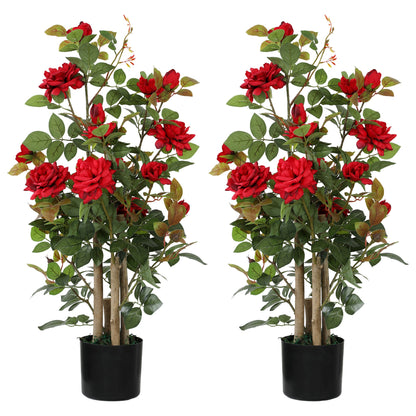 HOMCOM 90cm Artificial Rose Tree Set of 2, Decorative Fake Plant with 344 Silk Leaves 17 Flowers for Outdoor Indoor Decor, Red