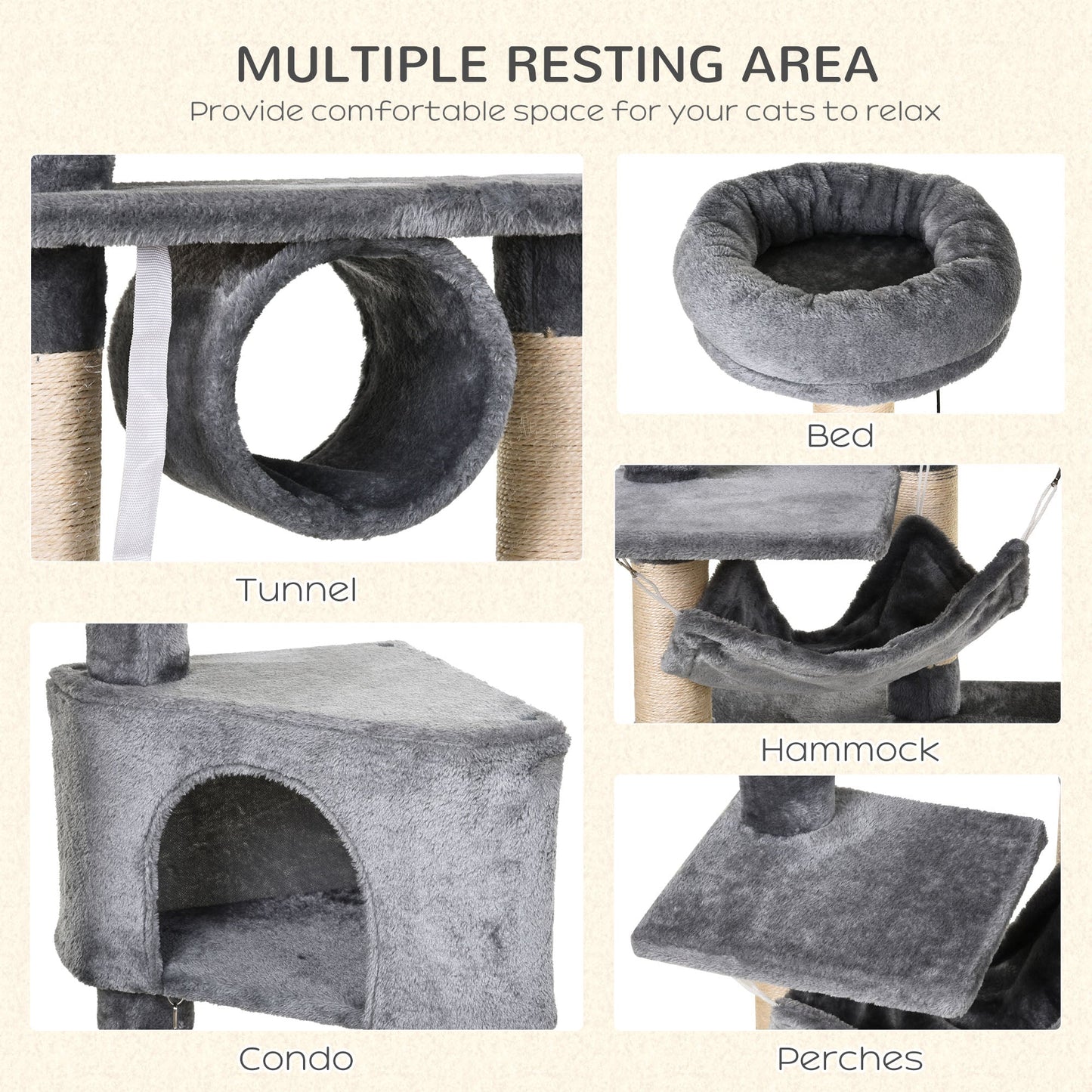 PawHut Cat Tree for Indoor Cats Condo Tower Multi-level Height 150CM Kittens Activity Stand House with Toys & Various Scratching Posts