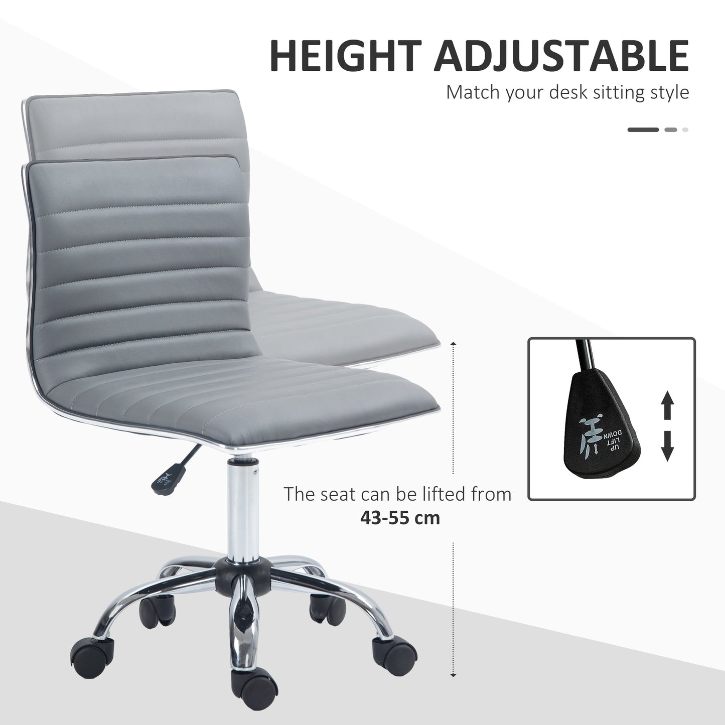 HOMCOM Armless Task Desk Chair, Swivel Office Chair with Faux Leather, Adjustable Seat Height, Chrome Base, Wheels for Home, Light Grey