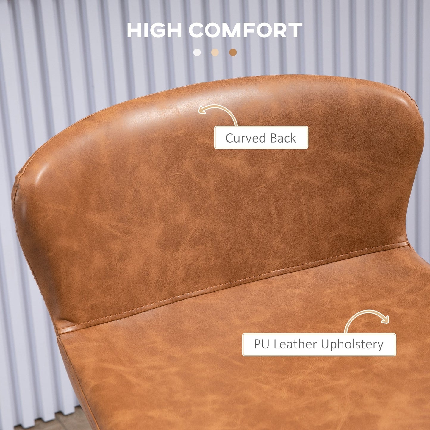 HOMCOM Bar Stools Set of 2, PU Leather Upholstered Bar Chairs, Breakfast Kitchen Counter Chairs with Backs, Steel Legs and Footrests for Dining Room, Brown